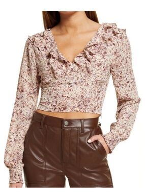 Open Edit Women's ivory multi Flower fields Ruffle V-Neck Blouse crop smocked L